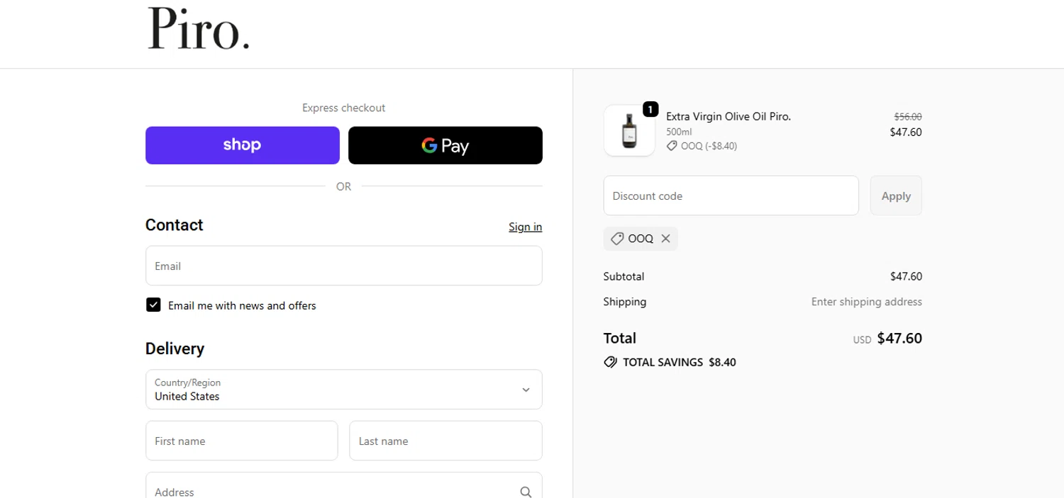 Olio Piro promo code screenshot showing code OOQ applied at Olio Piro checkout page. Uploaded by SimplyCodes community member CashAce9852 on Sep 24, 2025