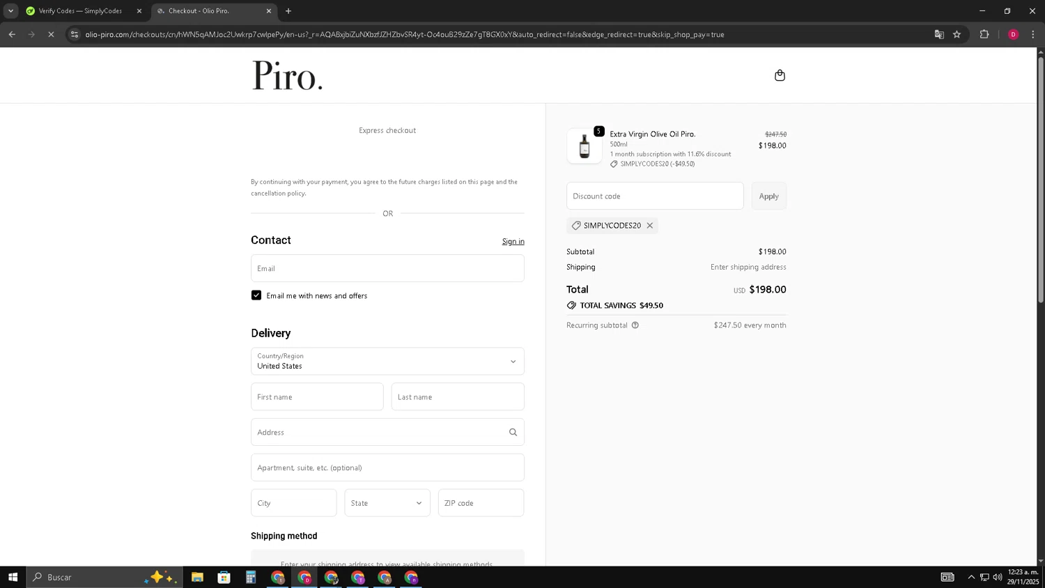 Olio Piro promo code screenshot showing code SIMPLYCODES20 applied at Olio Piro checkout page. Uploaded by SimplyCodes community member TreasureGuardian552 on Nov 29, 2025