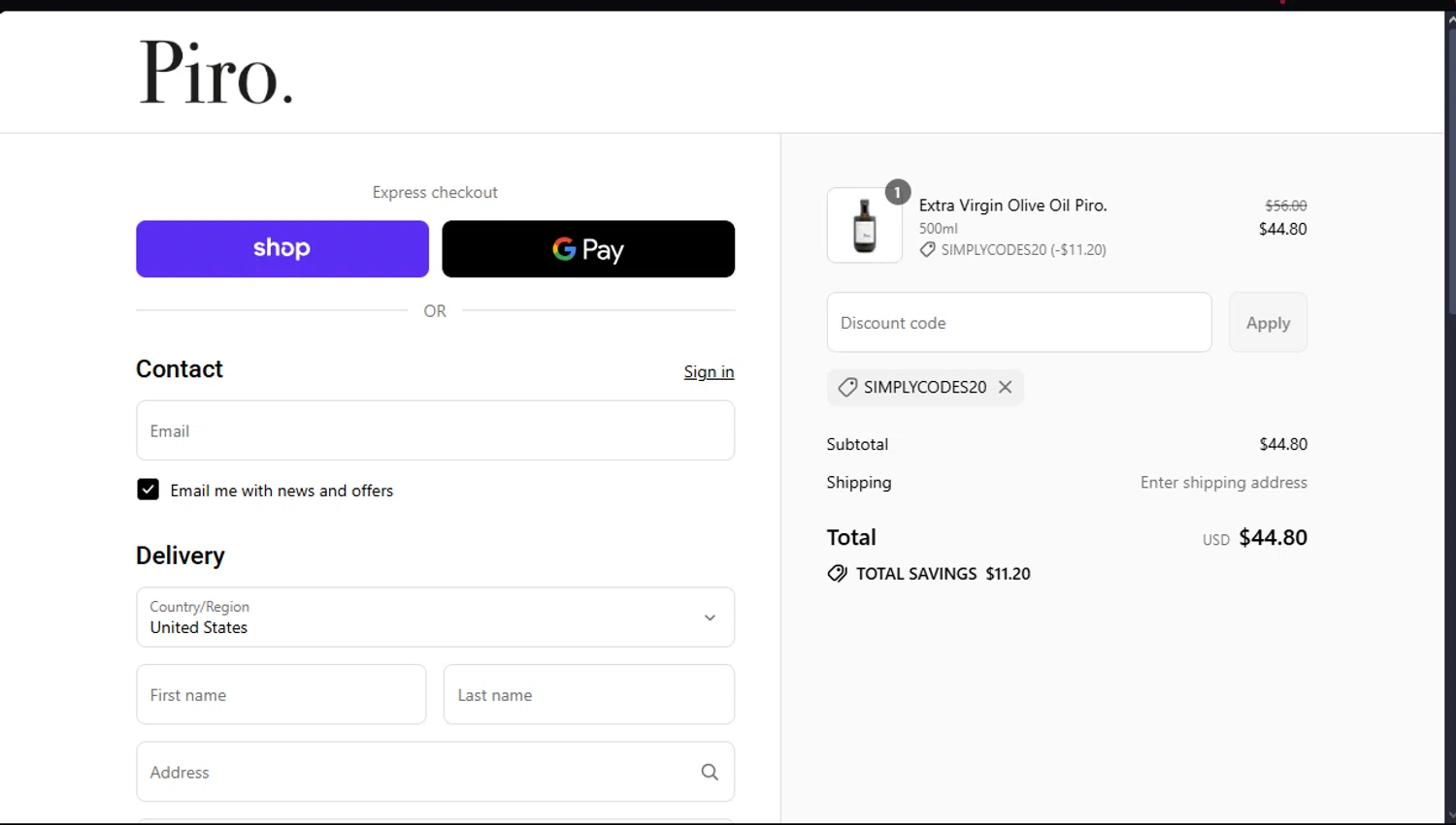 Olio Piro promo code screenshot showing code SIMPLYCODES20 applied at Olio Piro checkout page. Uploaded by SimplyCodes community member Underaiki on Sep 16, 2025