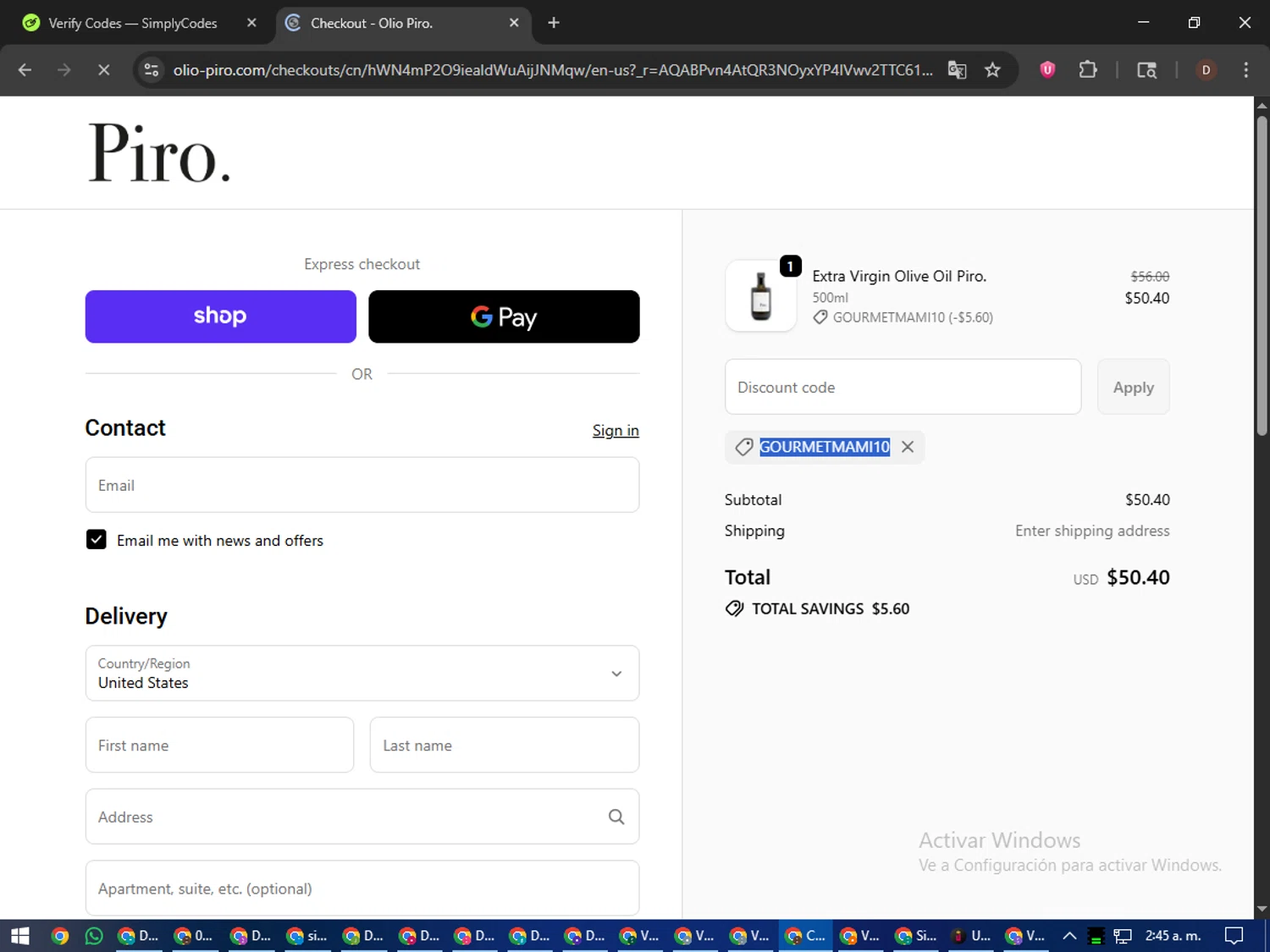 Olio Piro promo code screenshot showing code GOURMETMAMI10 applied at Olio Piro checkout page. Uploaded by SimplyCodes community member liltecca on Nov 1, 2025