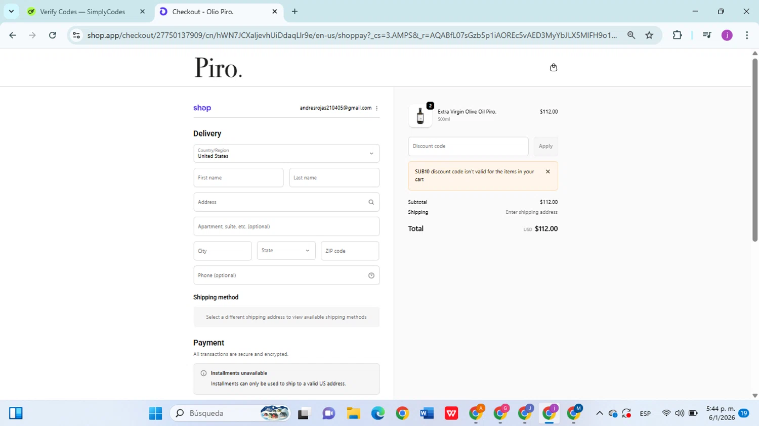 Olio Piro checkout page showing Olio Piro promo code box | Screenshot taken by SimplyCodes community member on Jan 6, 2026