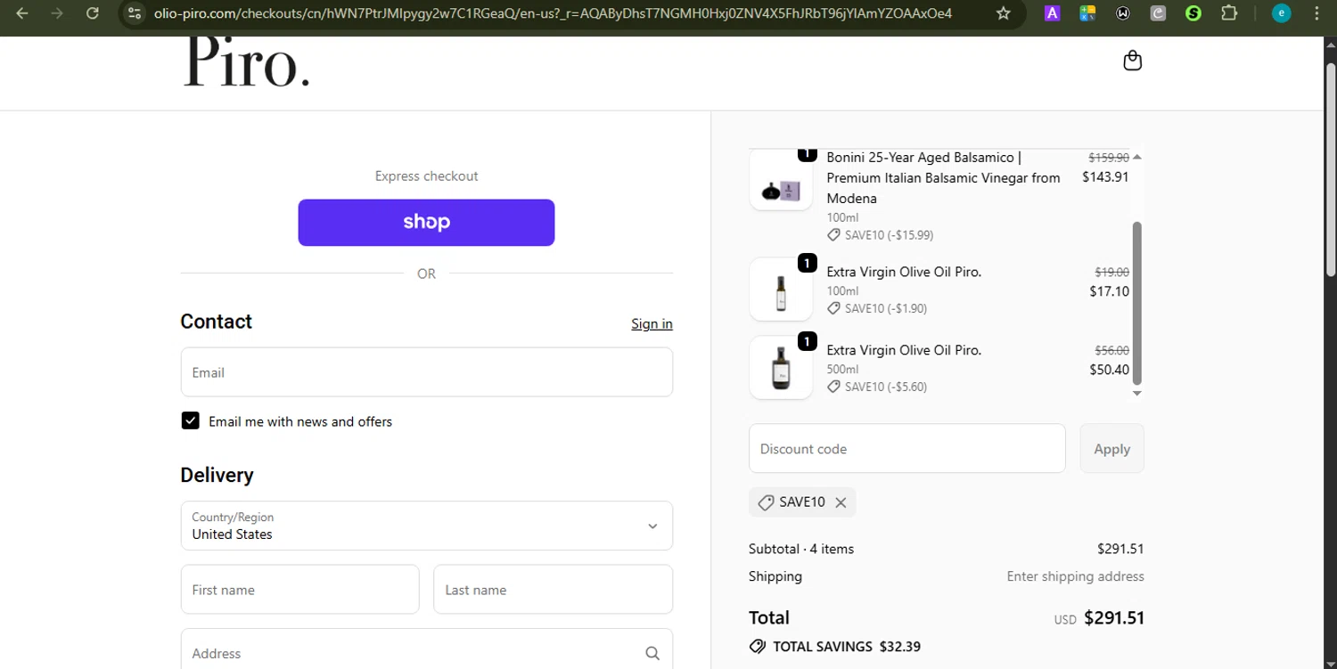 Olio Piro promo code screenshot showing code SAVE10 applied at Olio Piro checkout page. Uploaded by SimplyCodes community member PrincessCoupon on Jan 9, 2026