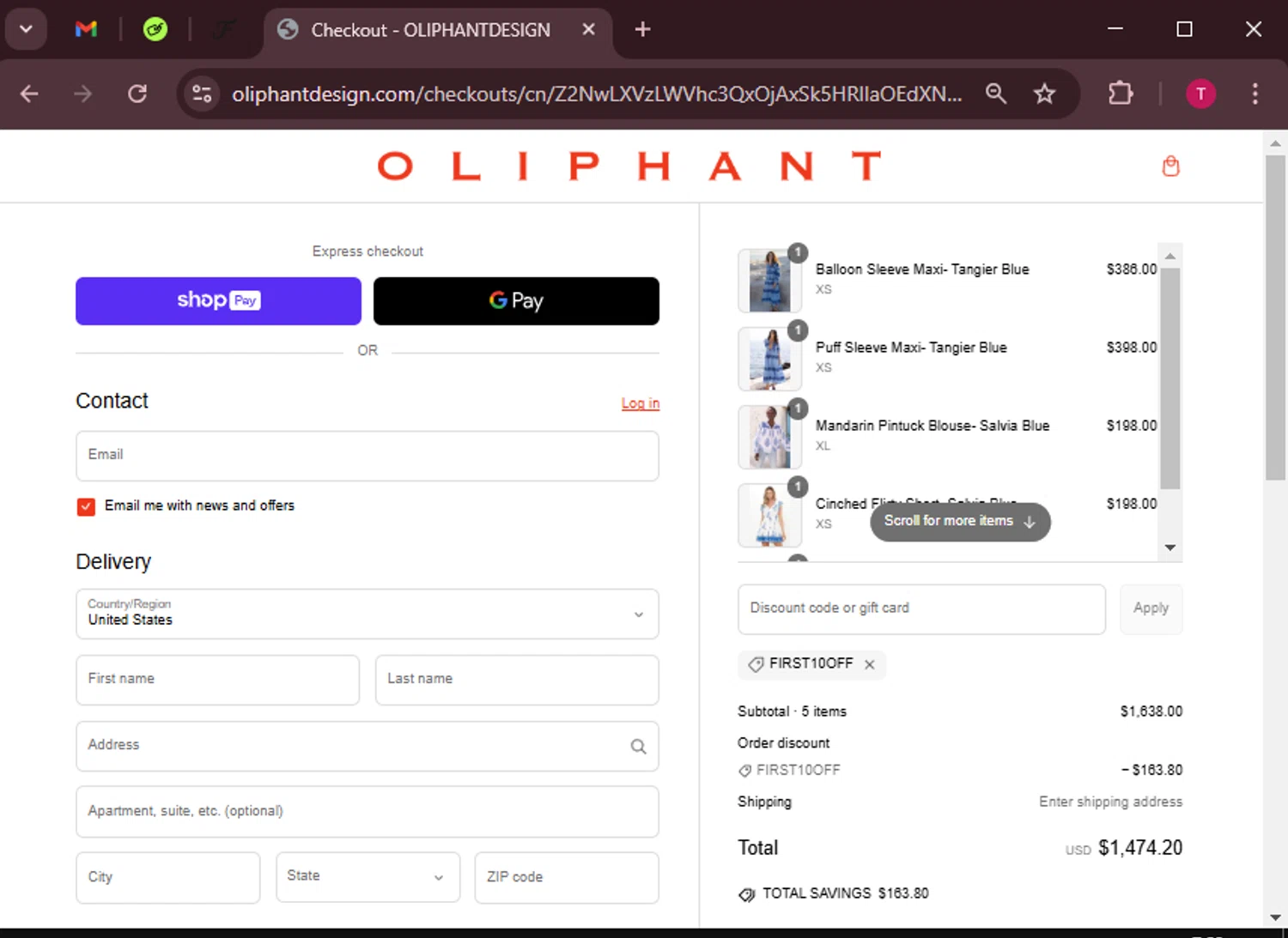 Oliphant Design coupon code screenshot showing code FIRST10OFF applied at Oliphant Design checkout page. Uploaded by SimplyCodes community member WiseScout3498 on Mar 4, 2025