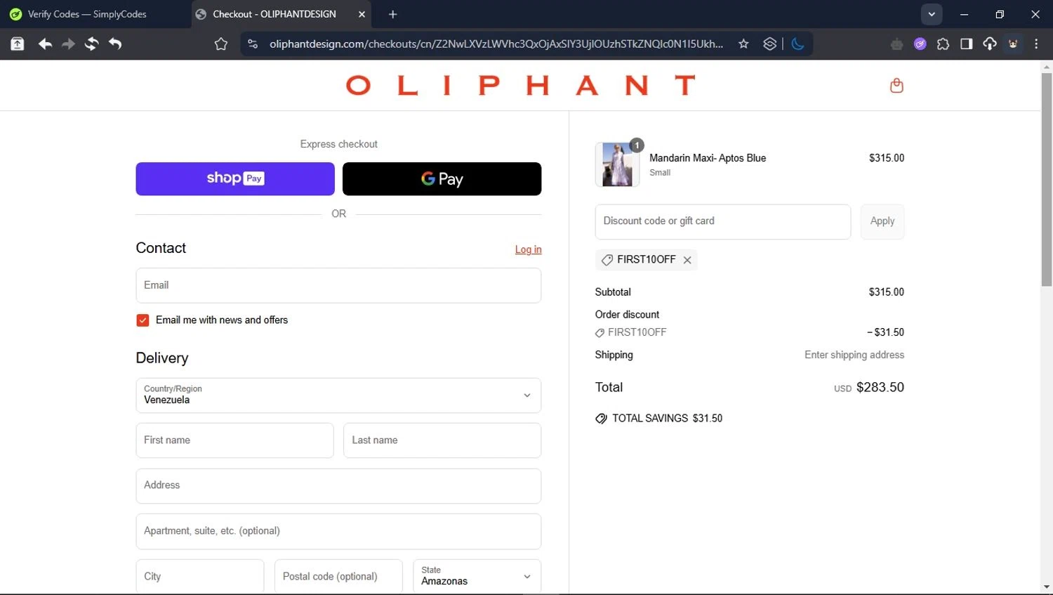 Oliphant Design coupon code screenshot showing code FIRST10OFF applied at Oliphant Design checkout page. Uploaded by SimplyCodes community member BrilliantTitan6909 on May 14, 2025
