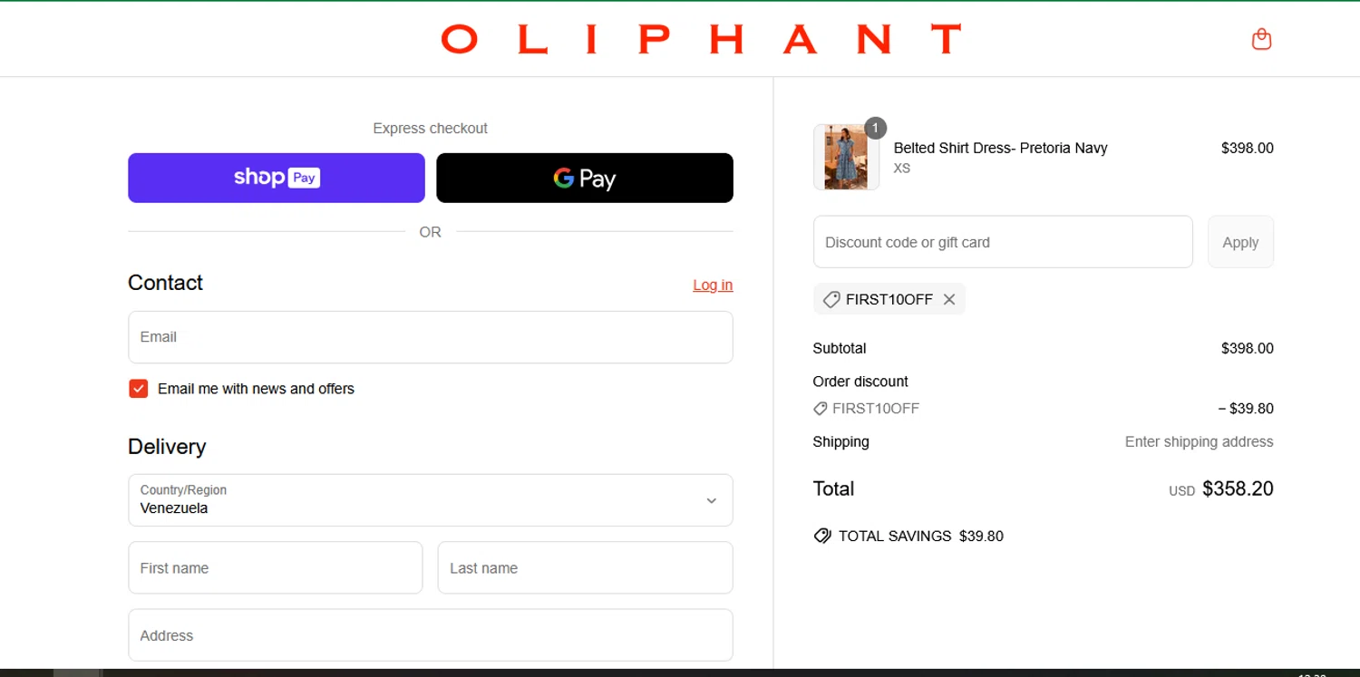 Oliphant Design coupon code screenshot showing code FIRST10OFF applied at Oliphant Design checkout page. Uploaded by SimplyCodes community member goldhooh on Jun 4, 2025