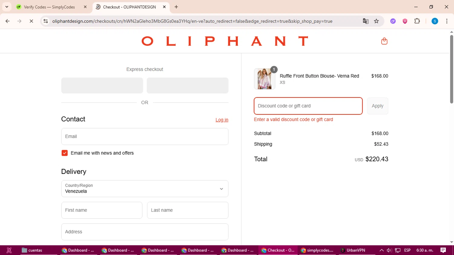 Oliphant Design coupon code screenshot showing code LABORDAY applied at Oliphant Design checkout page. Uploaded by SimplyCodes community member uleesesv on Sep 4, 2025