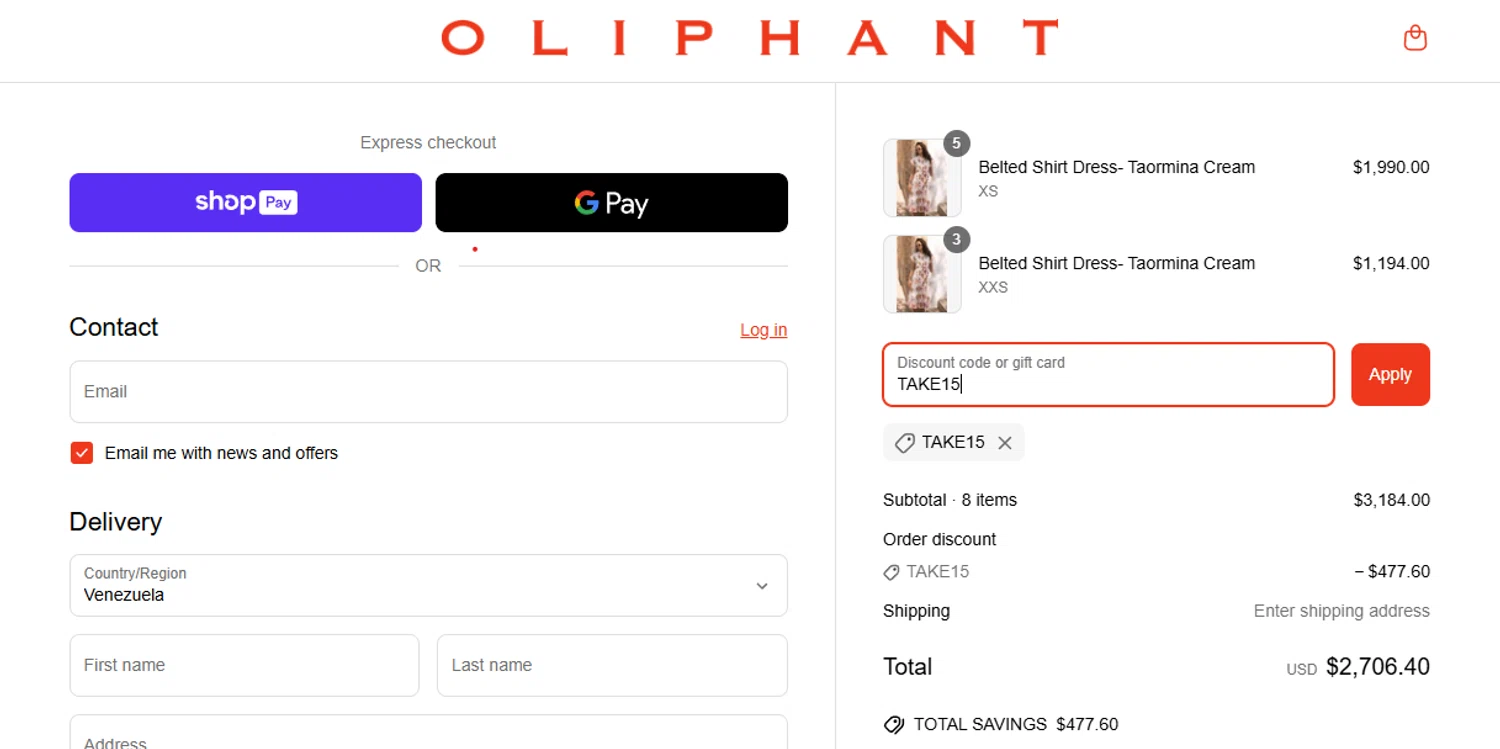 Oliphant Design coupon code screenshot showing code TAKE15 applied at Oliphant Design checkout page. Uploaded by SimplyCodes community member CleverPhoenix2364 on Jun 4, 2025