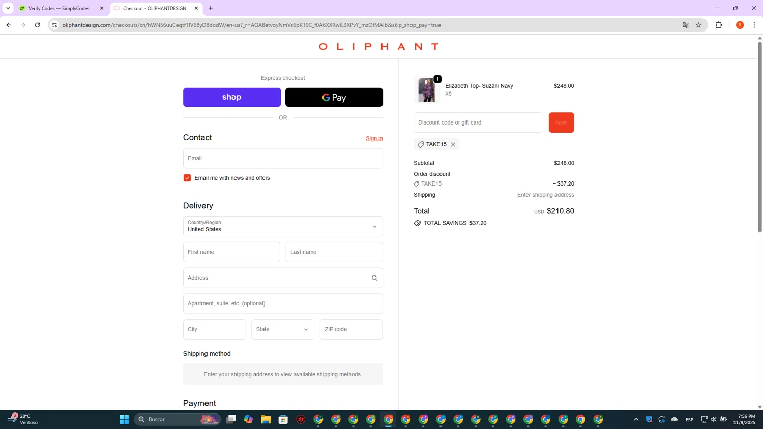 Oliphant Design coupon code screenshot showing code TAKE15 applied at Oliphant Design checkout page. Uploaded by SimplyCodes community member DealVirtuoso2241 on Nov 9, 2025