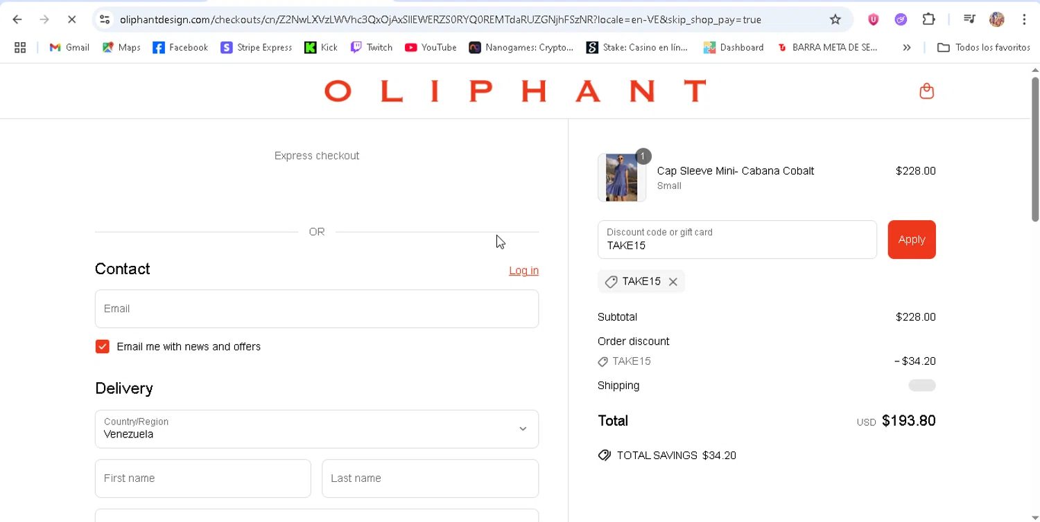 Oliphant Design coupon code screenshot showing code TAKE15 applied at Oliphant Design checkout page. Uploaded by SimplyCodes community member ronaldhernandez on Jun 23, 2025