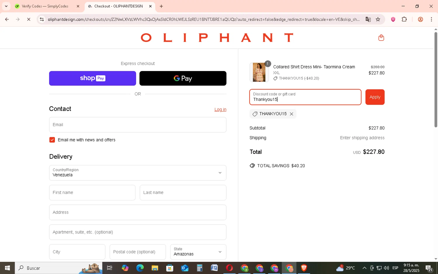 Oliphant Design coupon code screenshot showing code Thankyou15 applied at Oliphant Design checkout page. Uploaded by SimplyCodes community member EpicSage3474 on May 28, 2025