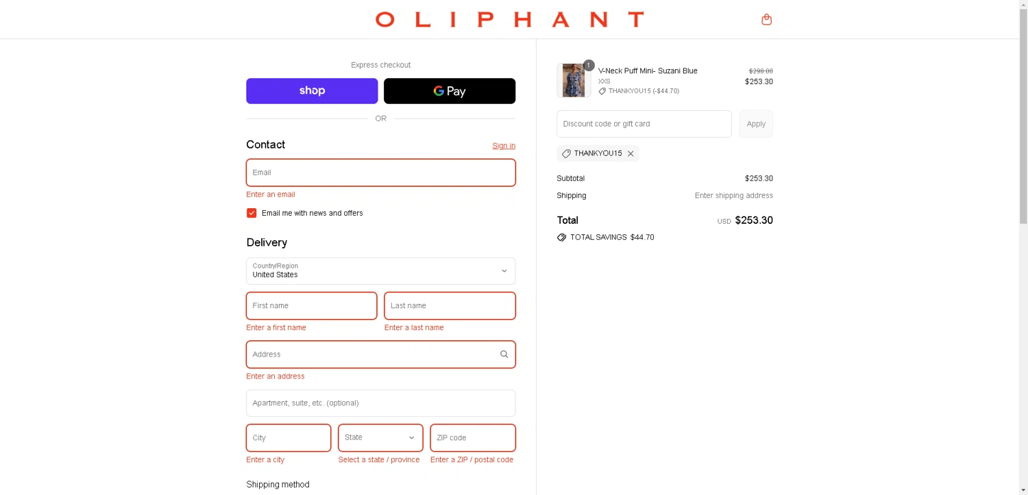 Oliphant Design coupon code screenshot showing code Thankyou15 applied at Oliphant Design checkout page. Uploaded by SimplyCodes community member PromoElite4745 on Sep 16, 2025