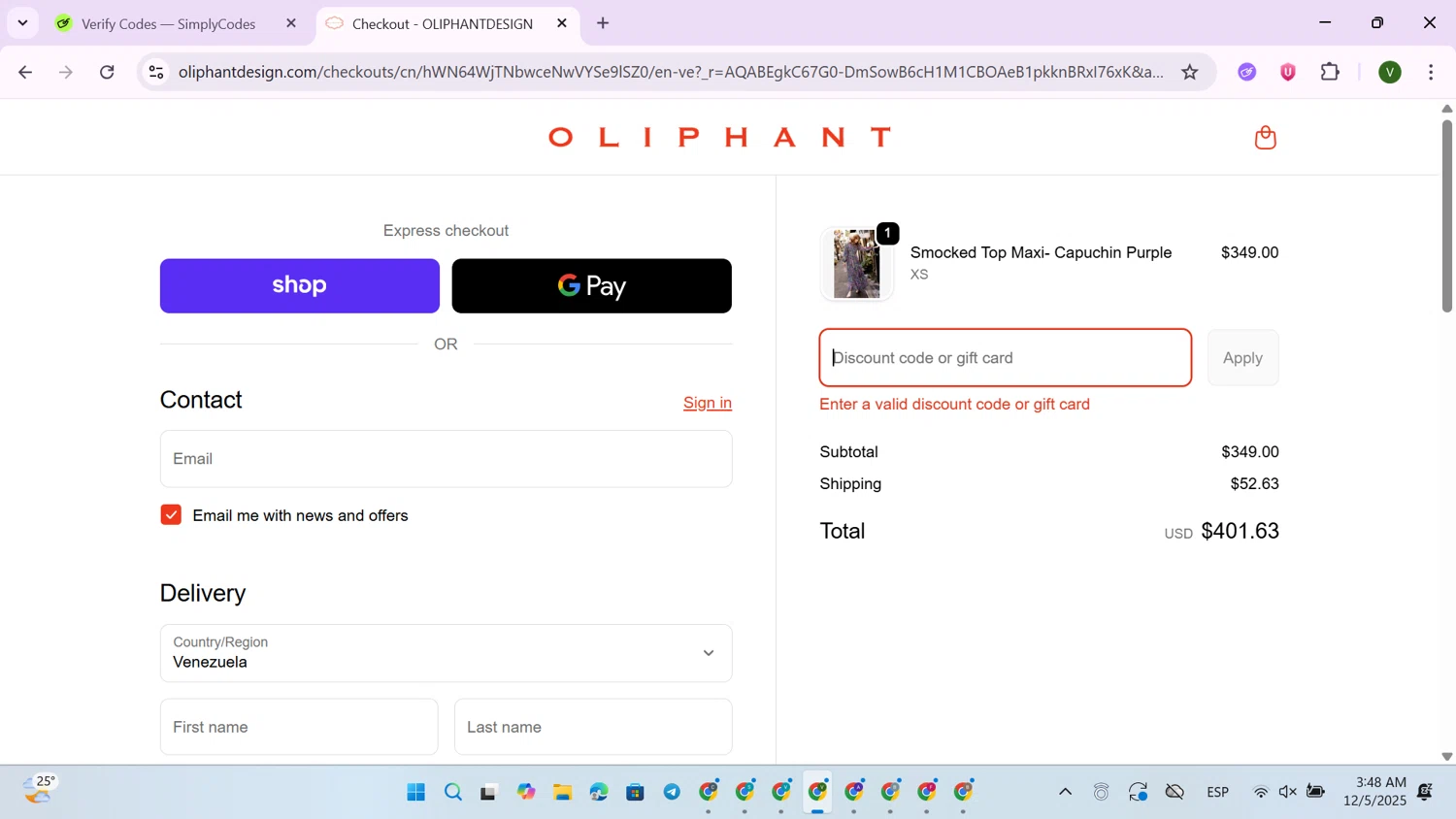 Oliphant Design coupon code screenshot showing code CYBER30 applied at Oliphant Design checkout page. Uploaded by SimplyCodes community member GloriousExpert4976 on Dec 5, 2025
