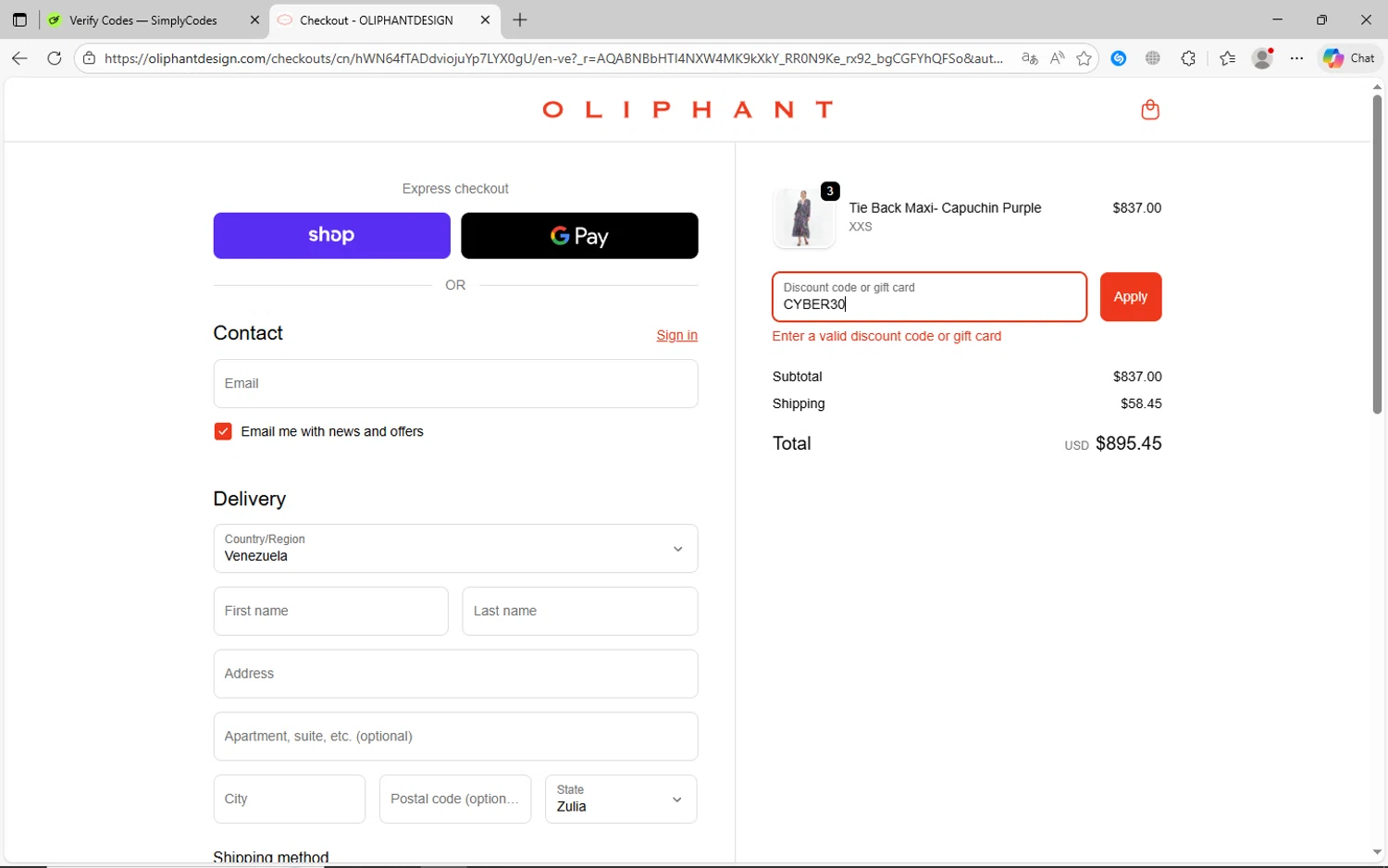 Oliphant Design coupon code screenshot showing code CYBER30 applied at Oliphant Design checkout page. Uploaded by SimplyCodes community member jhoanDepp on Dec 5, 2025
