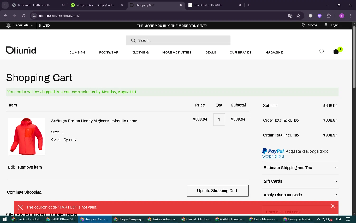 Oliunìd promo code screenshot showing code TARTU5 applied at Oliunìd checkout page. Uploaded by SimplyCodes community member CleverSpotter6431 on Aug 11, 2025
