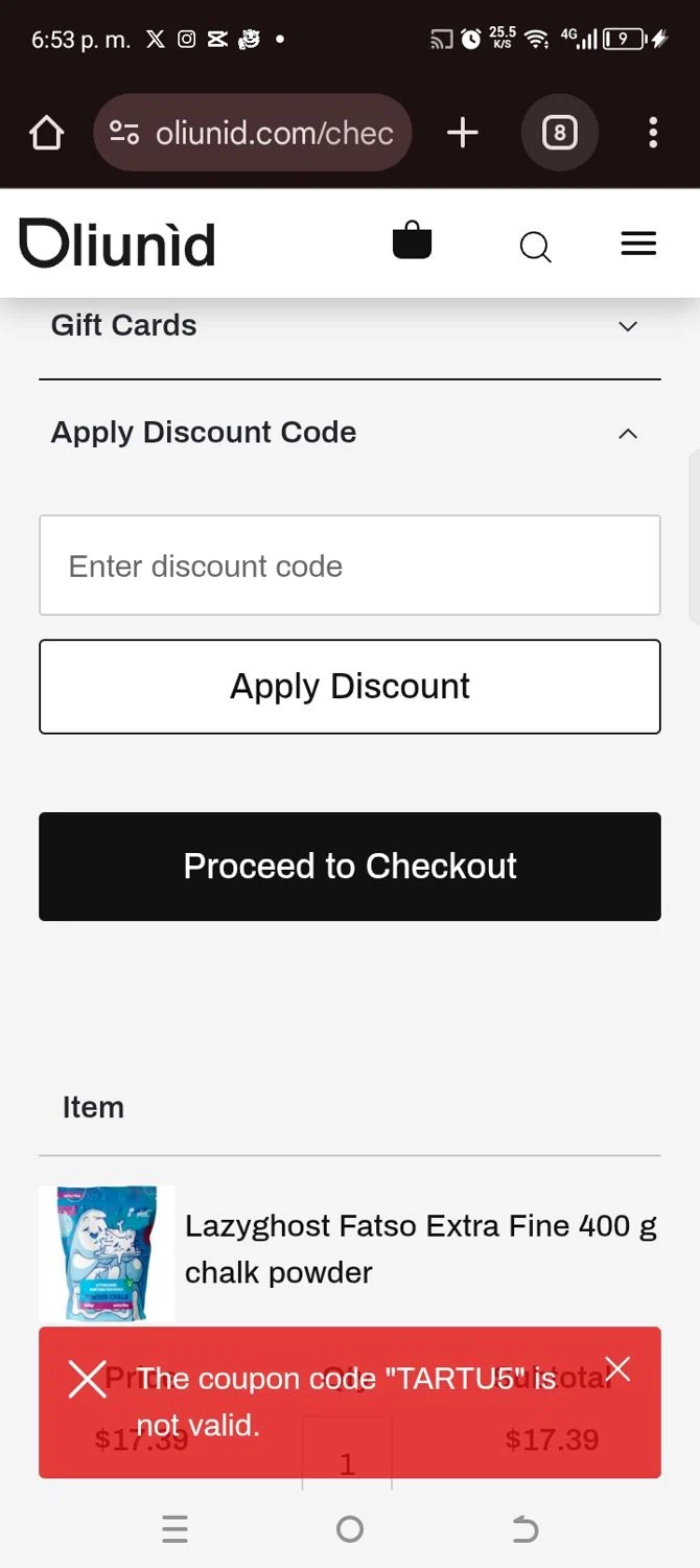 Oliunìd promo code screenshot showing code TARTU5 applied at Oliunìd checkout page. Uploaded by SimplyCodes community member kellymoreno on Jul 13, 2025