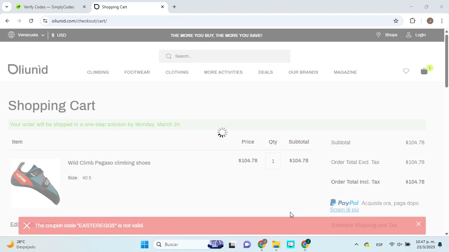 Oliunìd promo code screenshot showing code EASTEREGG5 applied at Oliunìd checkout page. Uploaded by SimplyCodes community member ABHF23 on Mar 24, 2025