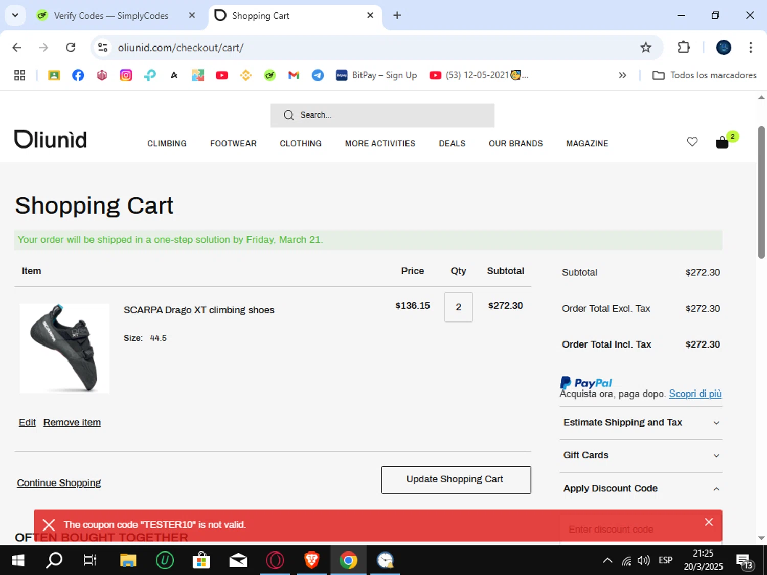 Oliunìd promo code screenshot showing code TESTER10 applied at Oliunìd checkout page. Uploaded by SimplyCodes community member SunJinWoo on Mar 21, 2025