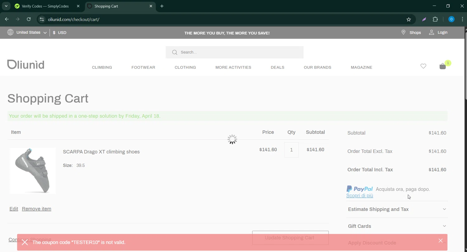 Oliunìd promo code screenshot showing code TESTER10 applied at Oliunìd checkout page. Uploaded by SimplyCodes community member GoldChaser6627 on Apr 18, 2025