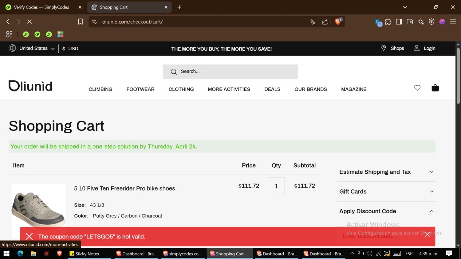 Oliunìd promo code screenshot showing code LETSGO5 applied at Oliunìd checkout page. Uploaded by SimplyCodes community member BonusHero4456 on Apr 23, 2025
