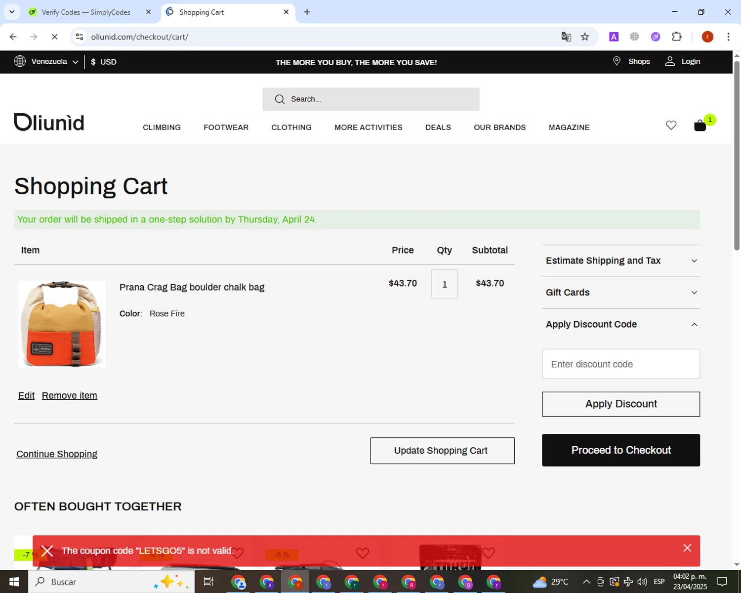 Oliunìd promo code screenshot showing code LETSGO5 applied at Oliunìd checkout page. Uploaded by SimplyCodes community member PrimeGuardian7348 on Apr 23, 2025