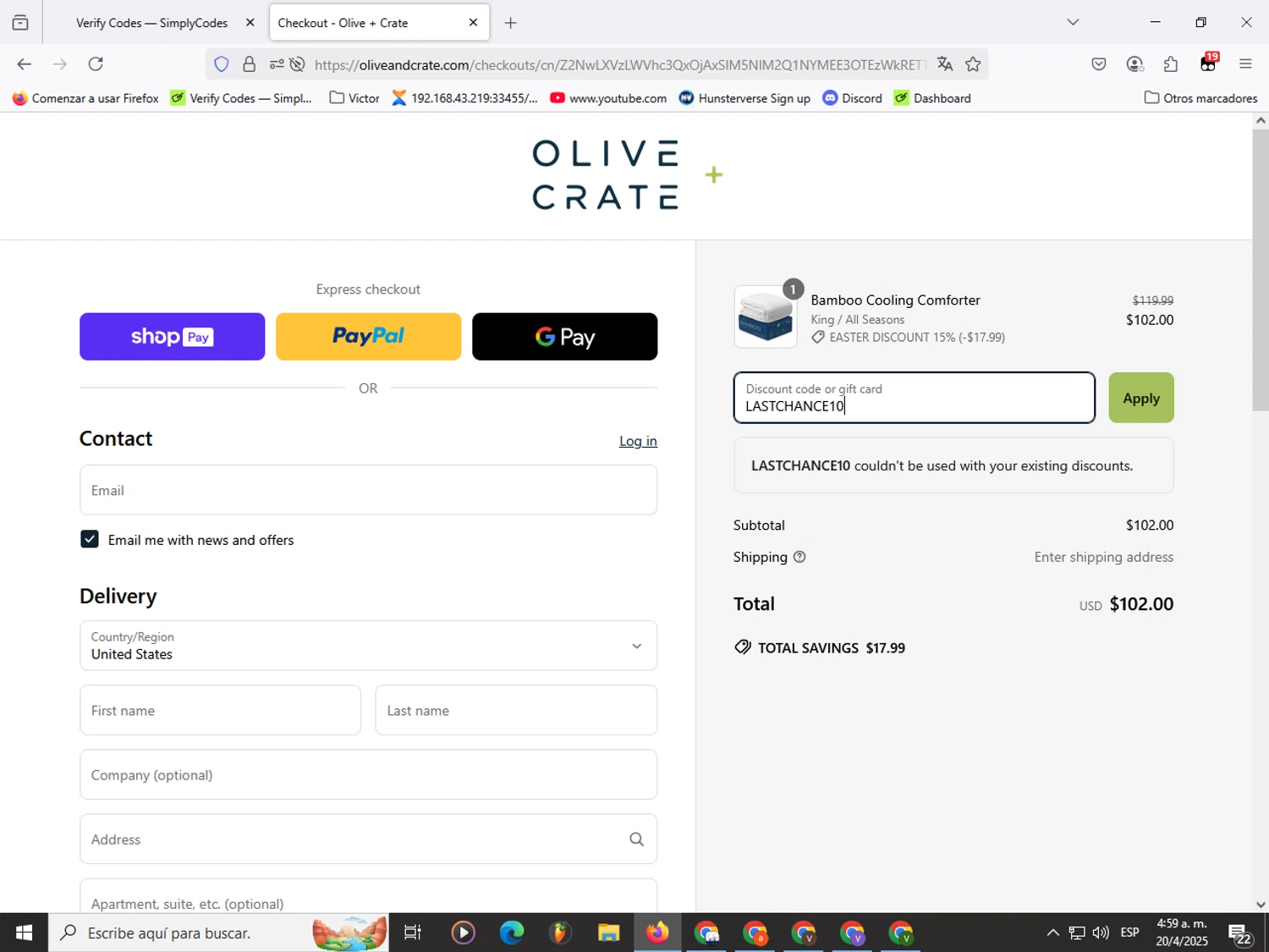 Olive and Crate discount code screenshot showing code LASTCHANCE10 applied at Olive and Crate checkout page. Uploaded by SimplyCodes community member Garou_Y2K on Apr 20, 2025