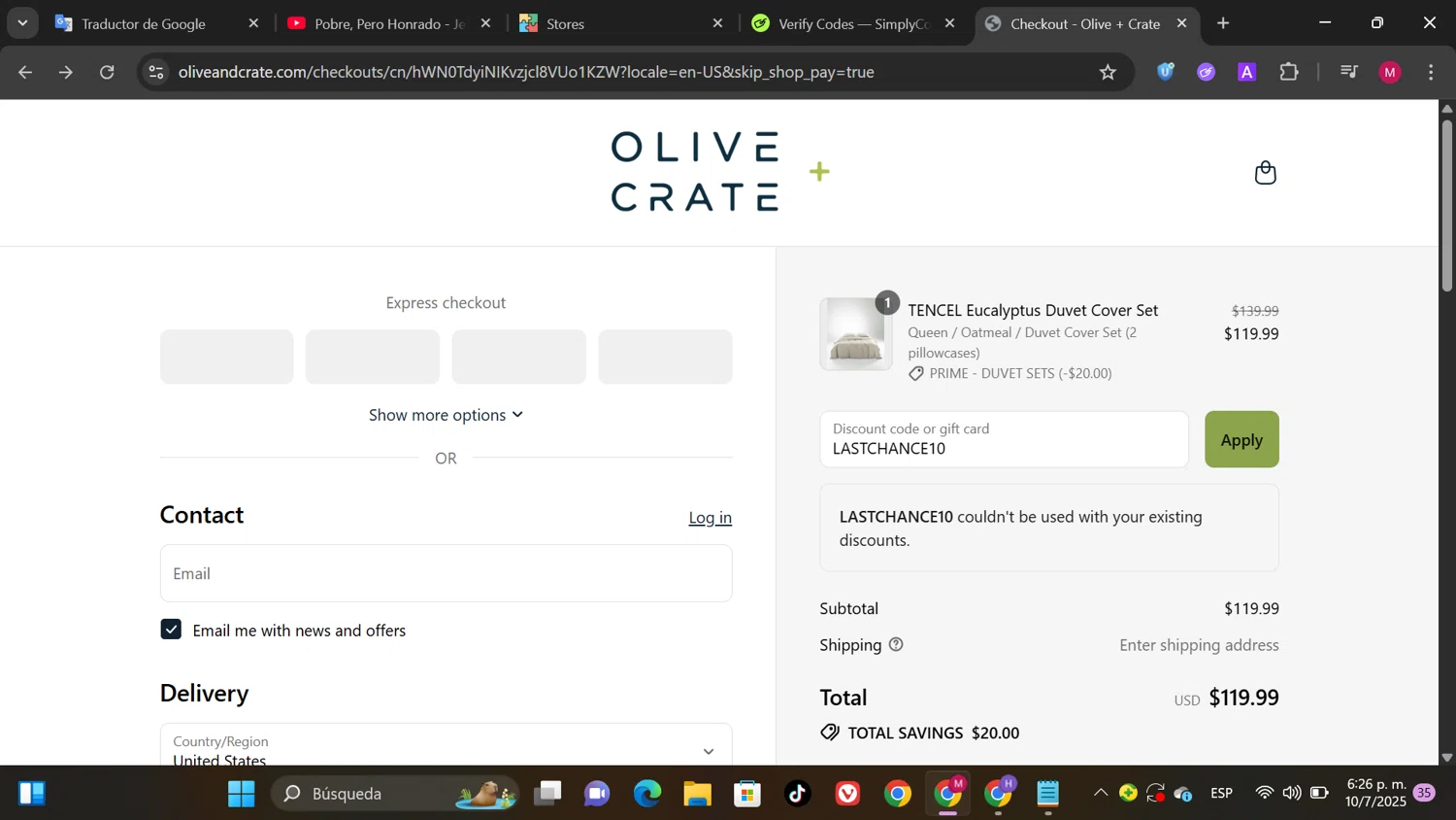 Olive and Crate discount code screenshot showing code LASTCHANCE10 applied at Olive and Crate checkout page. Uploaded by SimplyCodes community member SwiftPioneer1769 on Jul 10, 2025