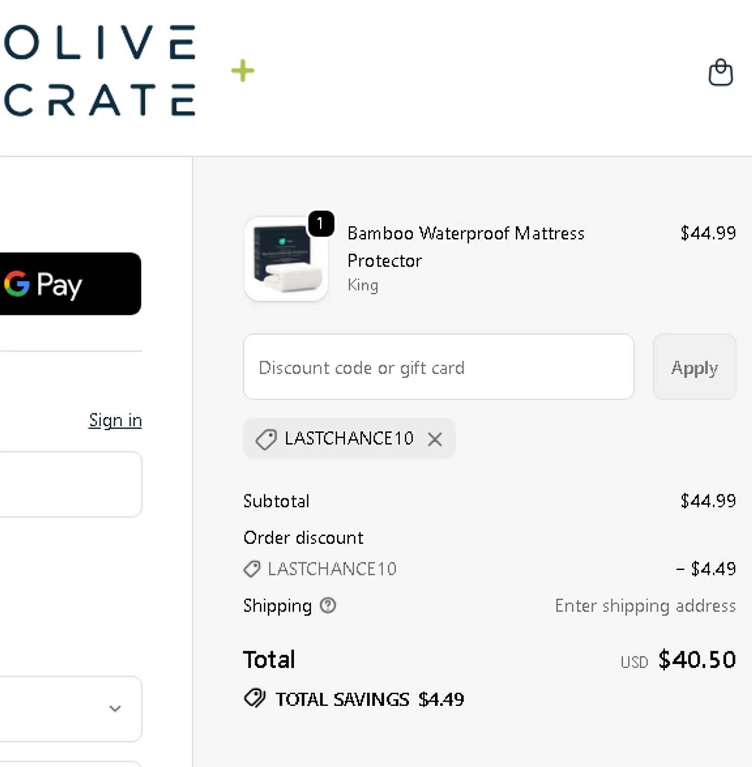 Olive and Crate discount code screenshot showing code LASTCHANCE10 applied at Olive and Crate checkout page. Uploaded by SimplyCodes community member carmenamandabritoser on Nov 15, 2025