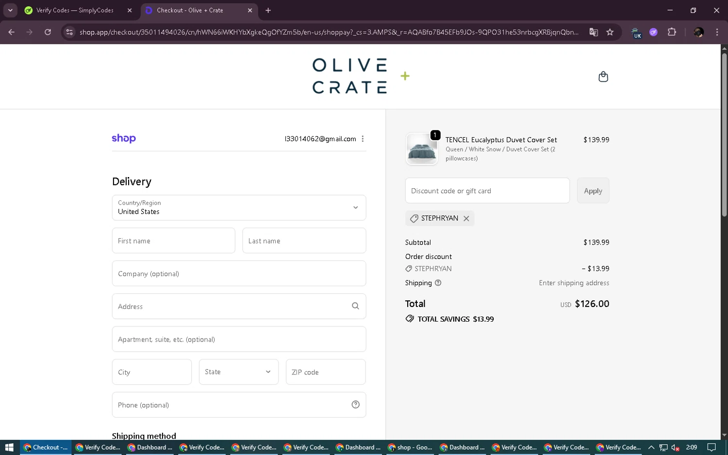 Olive and Crate discount code screenshot showing code STEPHRYAN applied at Olive and Crate checkout page. Uploaded by SimplyCodes community member LegendaryWarden2503 on Dec 6, 2025