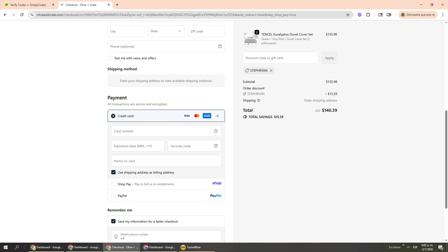 Olive and Crate discount code screenshot showing code STEPHRYAN applied at Olive and Crate checkout page. Uploaded by SimplyCodes community member Phoenix585 on Jan 3, 2026