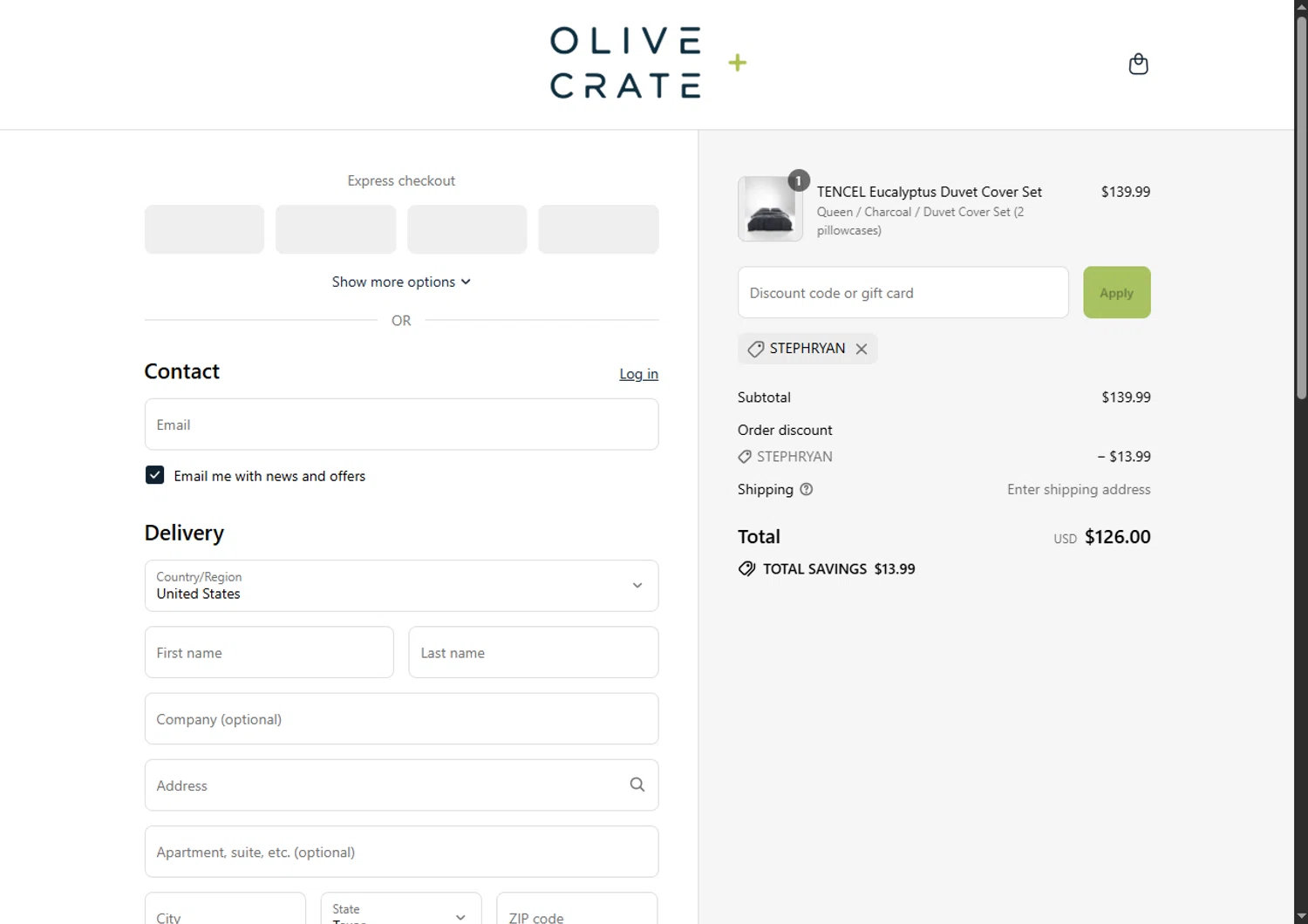 Olive and Crate discount code screenshot showing code STEPHRYAN applied at Olive and Crate checkout page. Uploaded by SimplyCodes community member SwiftTracker8156 on Aug 1, 2025