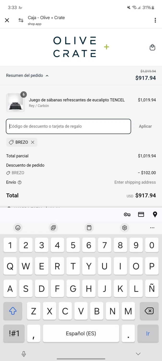 Olive and Crate discount code screenshot showing code HEATHER applied at Olive and Crate checkout page. Uploaded by SimplyCodes community member Brazzers on Mar 19, 2025