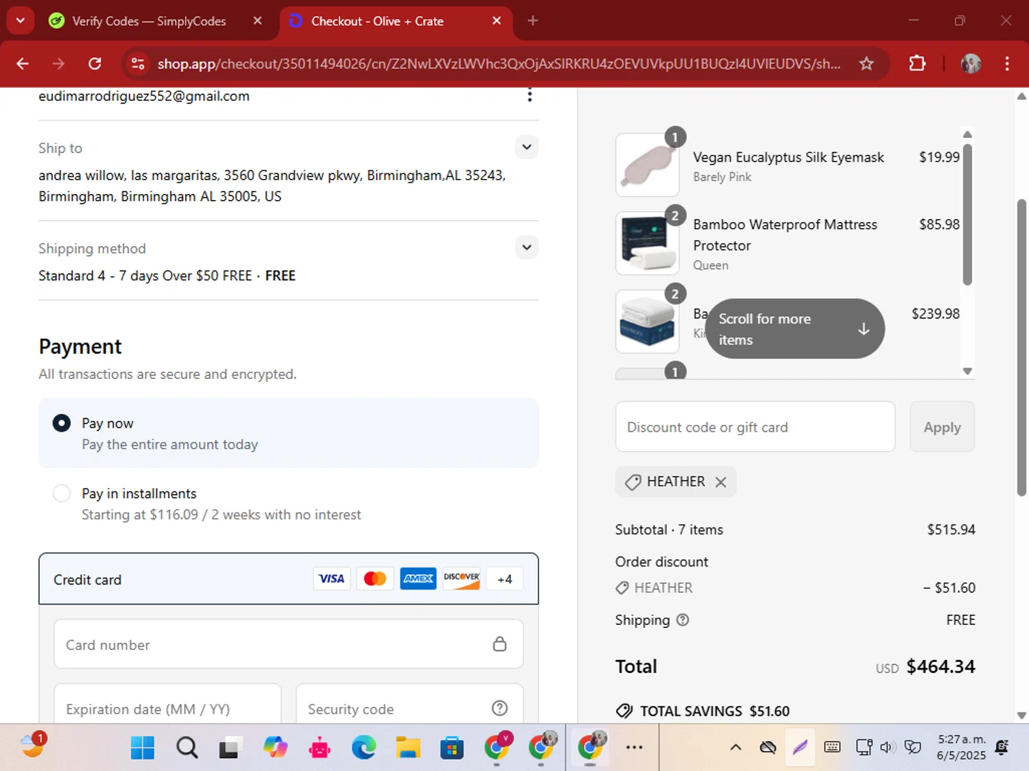 Olive and Crate discount code screenshot showing code HEATHER applied at Olive and Crate checkout page. Uploaded by SimplyCodes community member ShrewdSeeker5445 on May 6, 2025