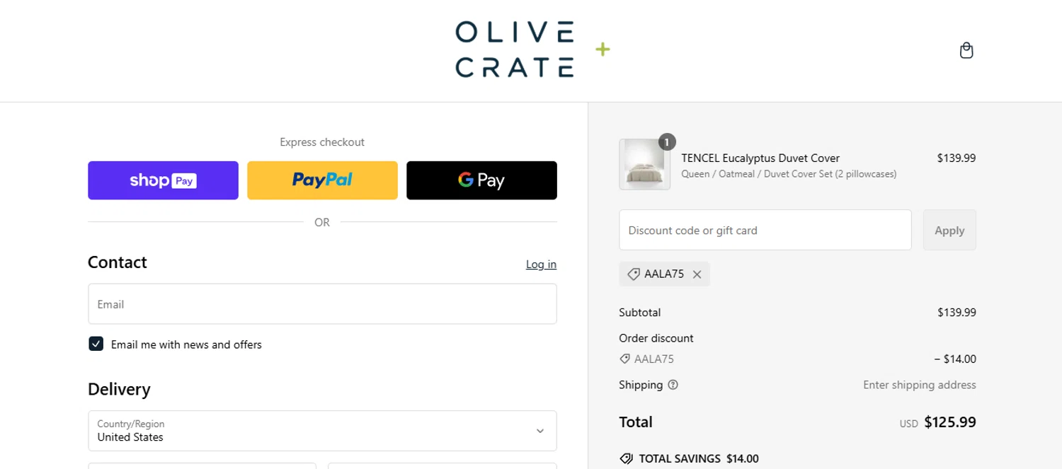 Olive and Crate discount code screenshot showing code AALA75 applied at Olive and Crate checkout page. Uploaded by SimplyCodes community member alfock22 on Feb 20, 2025