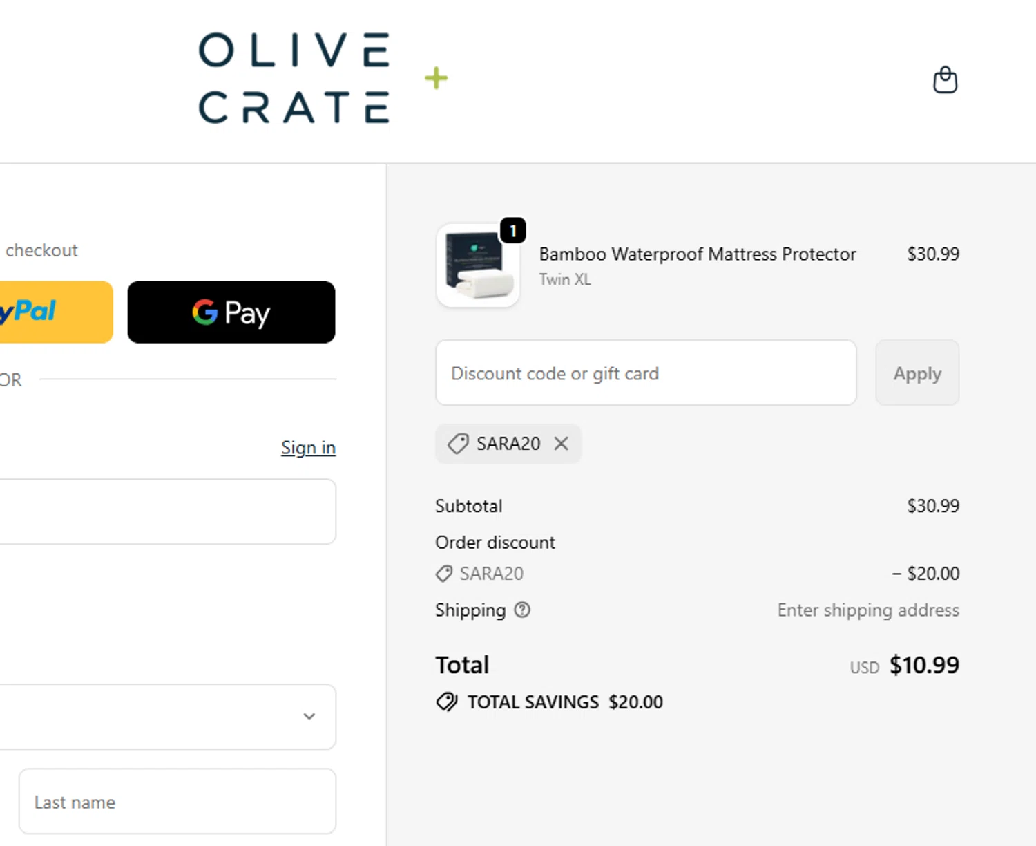 Olive and Crate discount code screenshot showing code SARA20 applied at Olive and Crate checkout page. Uploaded by SimplyCodes community member yeresojperez on Dec 20, 2025