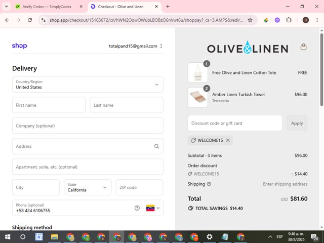 Olive and Linen checkout page showing Olive and Linen discount code box | Screenshot taken by SimplyCodes community member on Aug 30, 2025