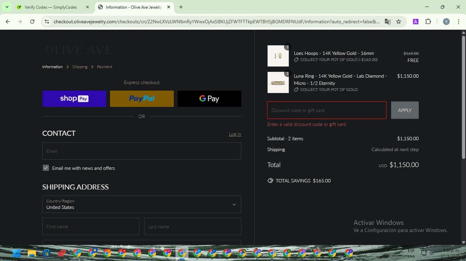 Oliveave Jewelry promo code screenshot showing code GOLDFRIDAY applied at Oliveave Jewelry checkout page. Uploaded by SimplyCodes community member SwiftScout1619 on Mar 17, 2025