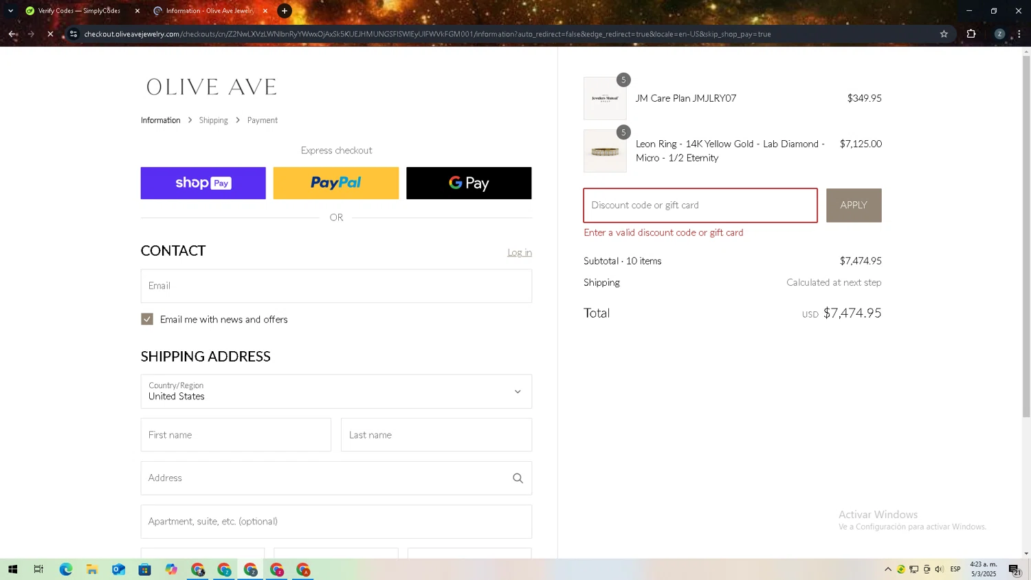 Oliveave Jewelry promo code screenshot showing code GOLDFRIDAY applied at Oliveave Jewelry checkout page. Uploaded by SimplyCodes community member 27zxbr on Mar 5, 2025