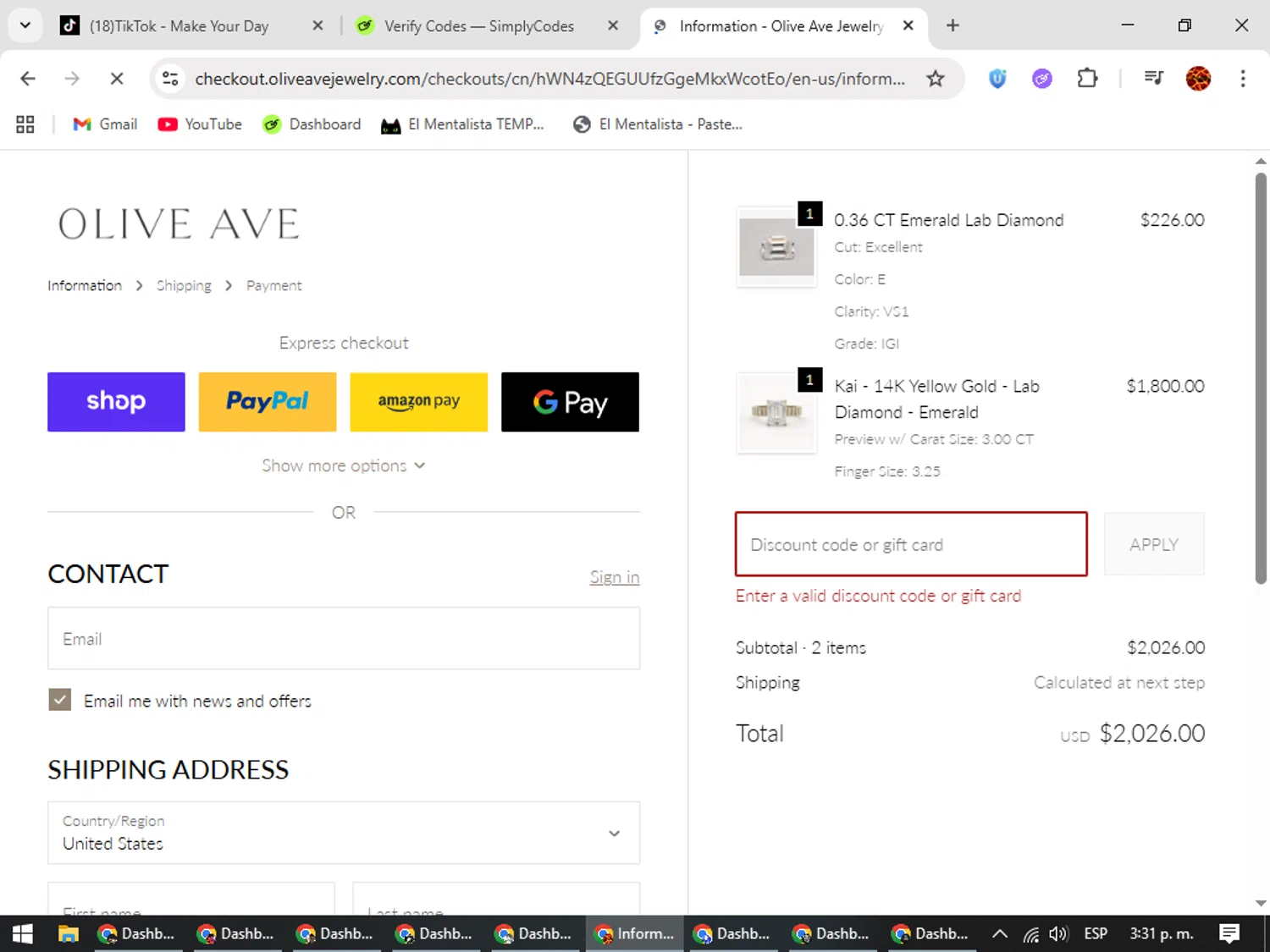 Oliveave Jewelry promo code screenshot showing code GOLDFRIDAYV!P applied at Oliveave Jewelry checkout page. Uploaded by SimplyCodes community member Rodolfo on Nov 6, 2025