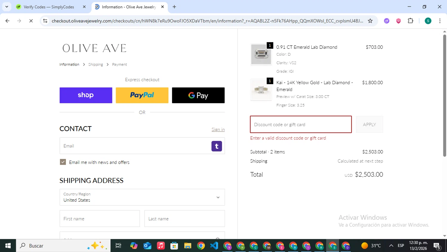 Oliveave Jewelry promo code screenshot showing code GOLDFRIDAYV!P applied at Oliveave Jewelry checkout page. Uploaded by SimplyCodes community member VictoriousPilot5281 on Feb 13, 2026