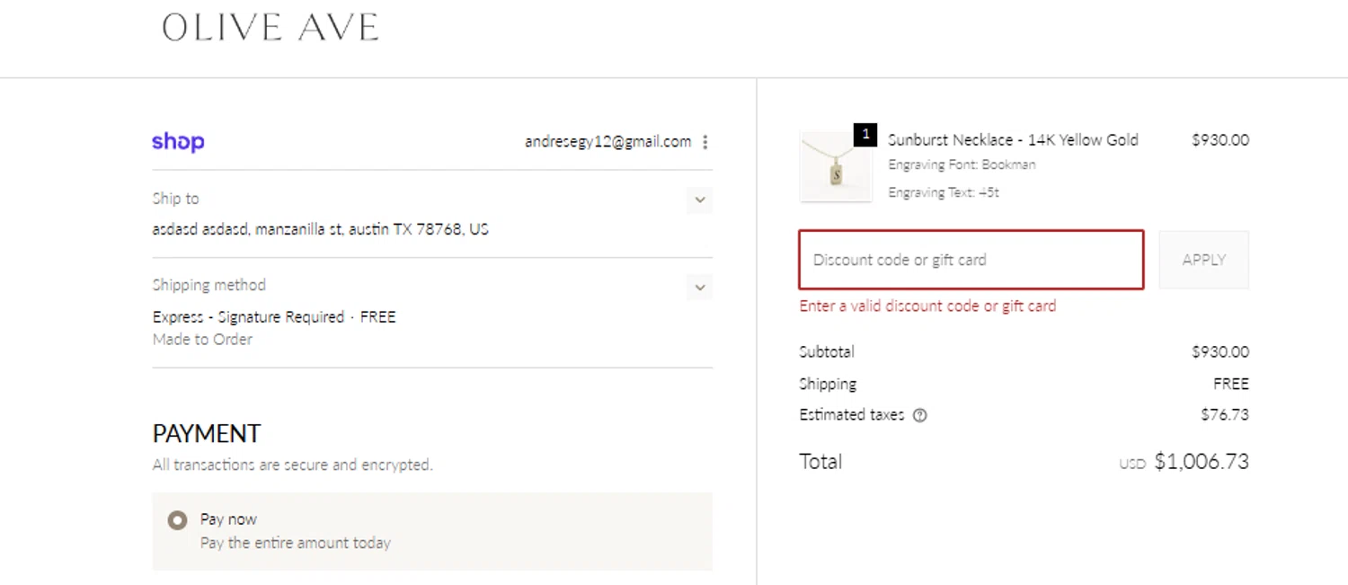 Oliveave Jewelry promo code screenshot showing code GOLDFRIDAYV!P applied at Oliveave Jewelry checkout page. Uploaded by SimplyCodes community member Woskal on Nov 6, 2025