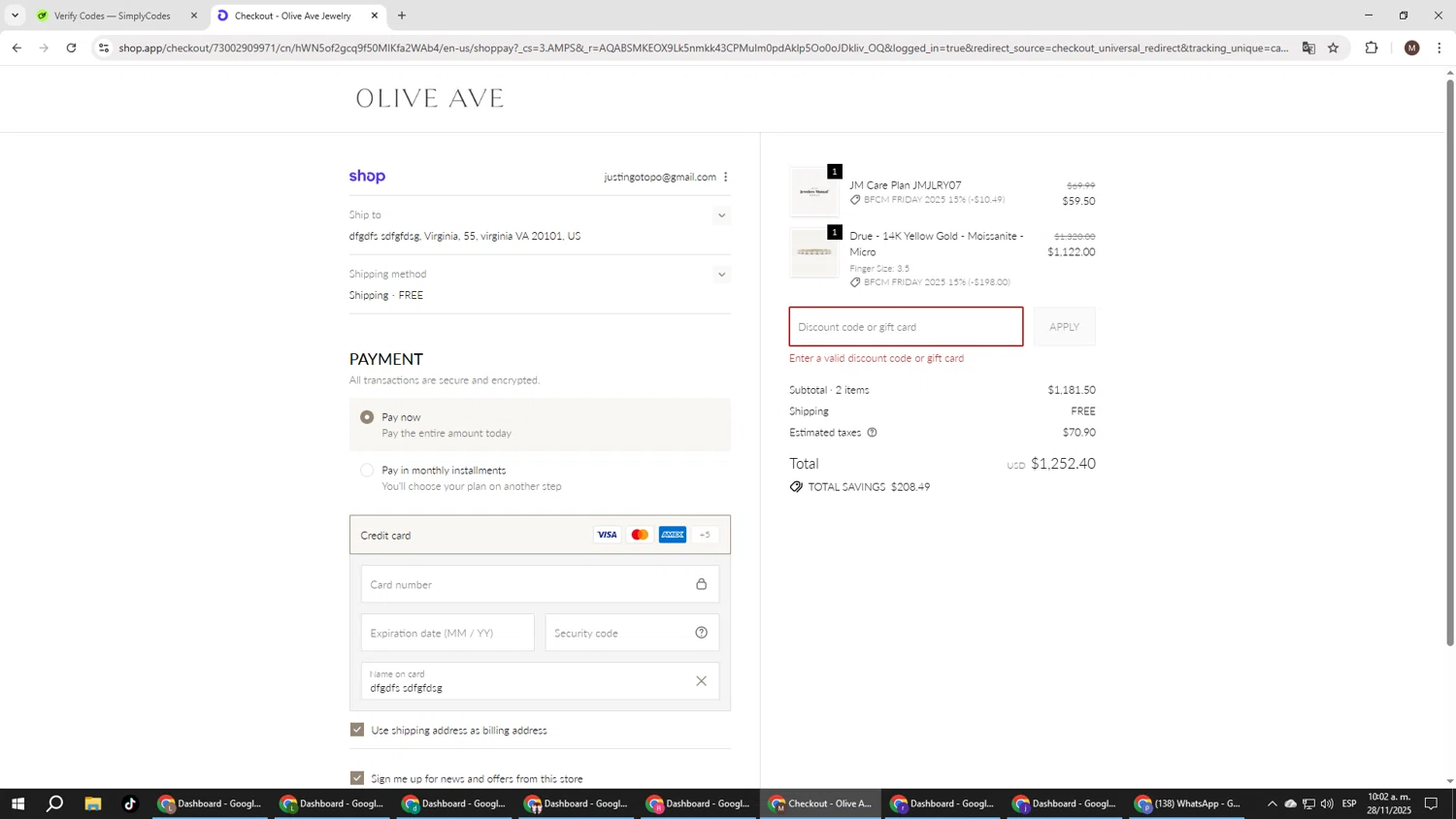 Oliveave Jewelry promo code screenshot showing code EARLYACCESS15 applied at Oliveave Jewelry checkout page. Uploaded by SimplyCodes community member KTMCRF on Nov 28, 2025