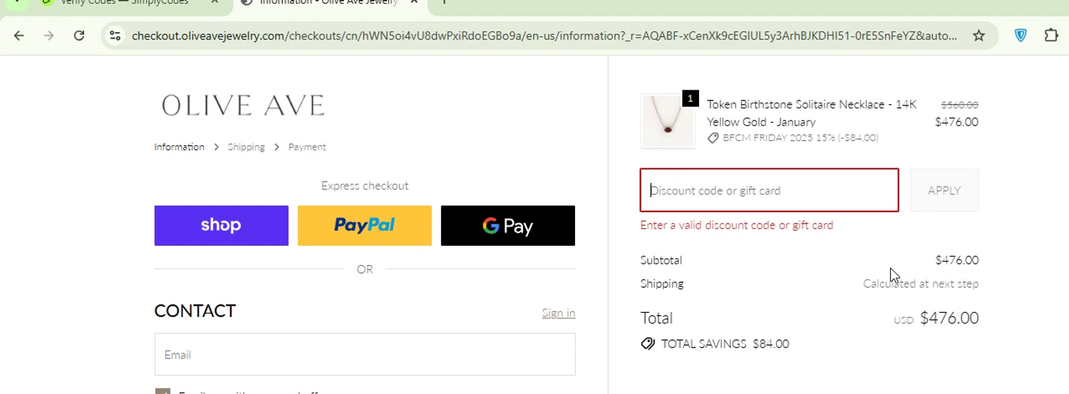 Oliveave Jewelry promo code screenshot showing code EARLYACCESS15 applied at Oliveave Jewelry checkout page. Uploaded by SimplyCodes community member Logoteam on Nov 28, 2025
