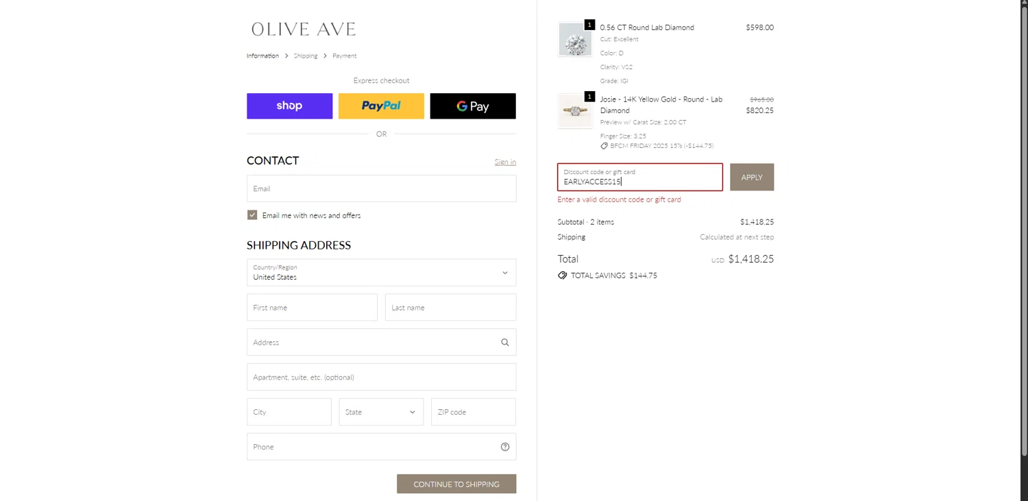 Oliveave Jewelry promo code screenshot showing code EARLYACCESS15 applied at Oliveave Jewelry checkout page. Uploaded by SimplyCodes community member ScanSpotter1700 on Nov 28, 2025