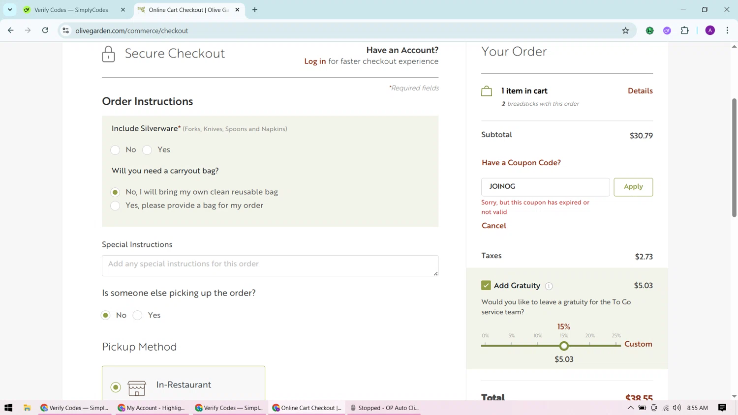 Olive Garden coupon code screenshot showing code JOINOG applied at Olive Garden checkout page. Uploaded by SimplyCodes community member CashChaser7272 on Jul 29, 2025