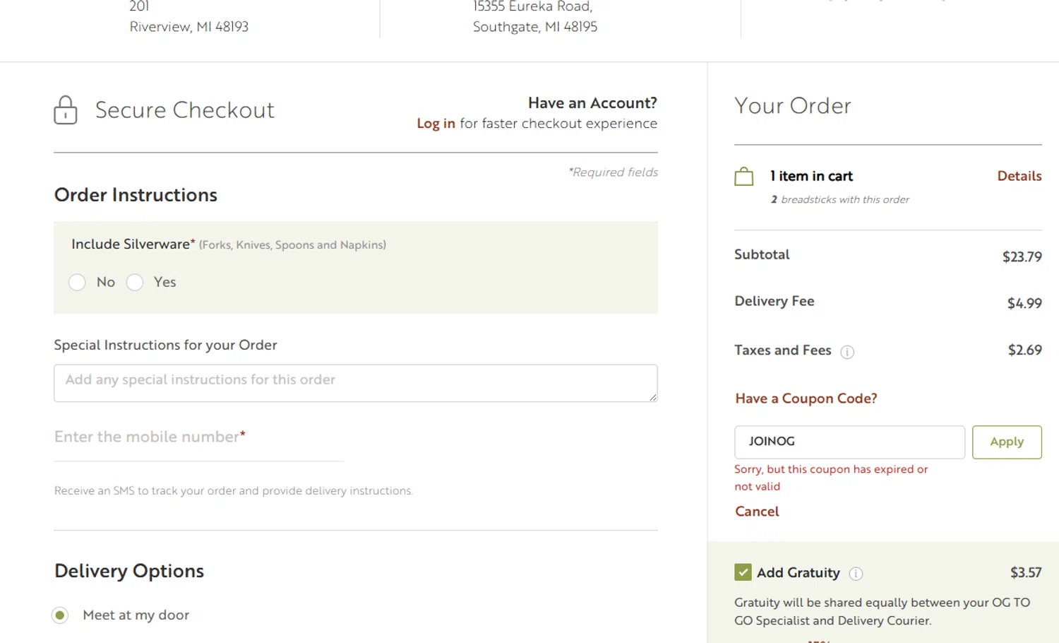 Olive Garden coupon code screenshot showing code JOINOG applied at Olive Garden checkout page. Uploaded by SimplyCodes community member FrugalKnight782 on Jul 29, 2025