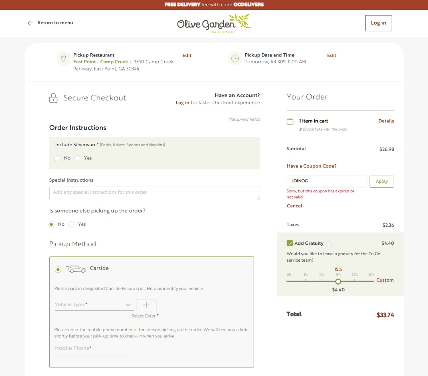Olive Garden coupon code screenshot showing code JOINOG applied at Olive Garden checkout page. Uploaded by SimplyCodes community member Myrulesmagazine23 on Jul 29, 2025