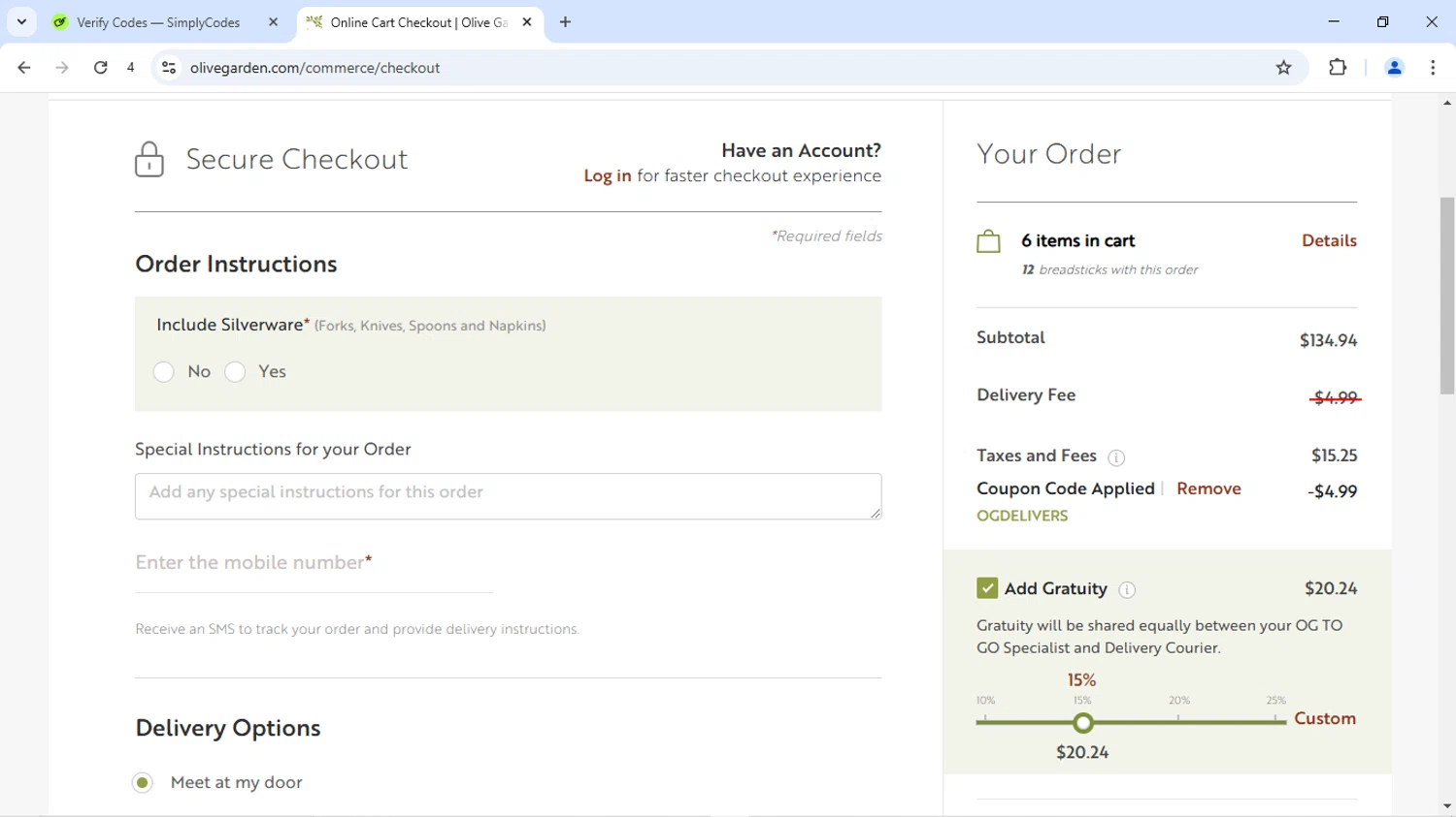 Olive Garden checkout page showing Olive Garden coupon code box | Screenshot taken by SimplyCodes community member on Jun 17, 2025