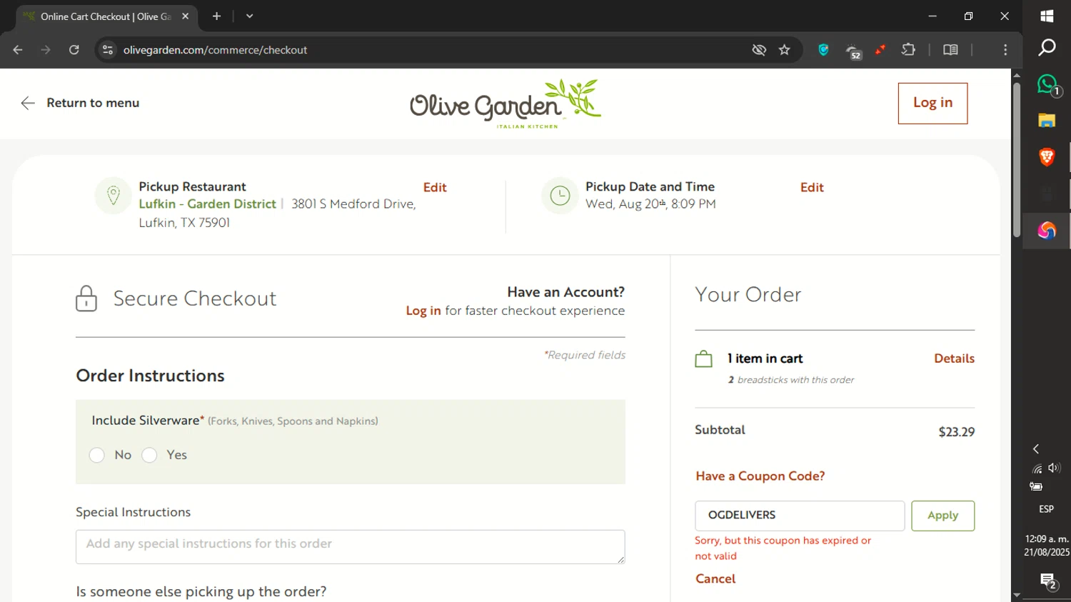 Olive Garden coupon code screenshot showing code OGDELIVERS applied at Olive Garden checkout page. Uploaded by SimplyCodes community member xXdevoragoticas69Xx on Aug 21, 2025
