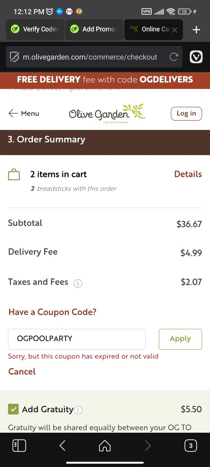 Olive Garden coupon code screenshot showing code OGPOOLPARTY applied at Olive Garden checkout page. Uploaded by SimplyCodes community member bebitafiufuiuww on Jun 26, 2025