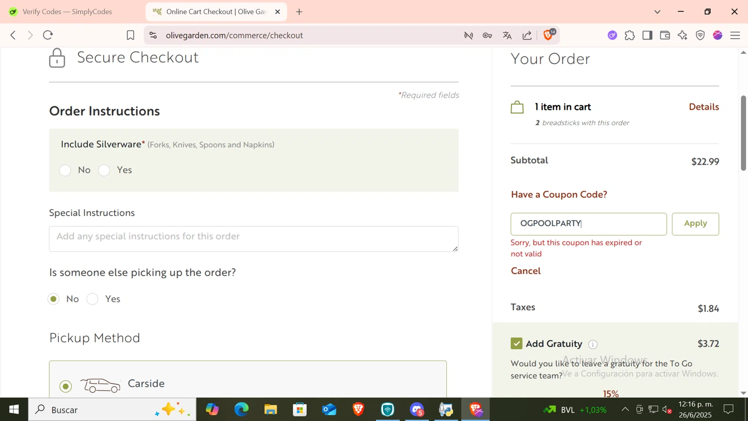 Olive Garden coupon code screenshot showing code OGPOOLPARTY applied at Olive Garden checkout page. Uploaded by SimplyCodes community member CODMOBILE1 on Jun 26, 2025